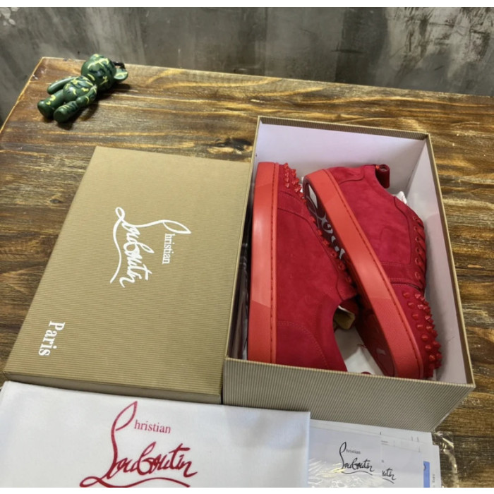 Christian Louboutin Red Suede Monochrome Spiked Low‑Top Men’s Sneakers