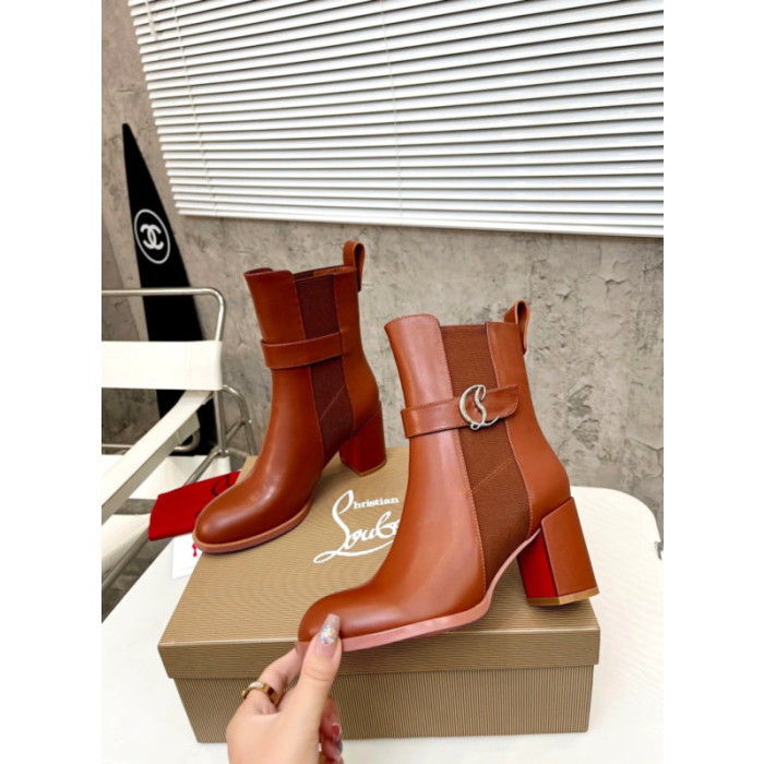Christian Louboutin Cognac Leather 85mm Block‑Heel Chelsea Ankle Boots with CL Buckle