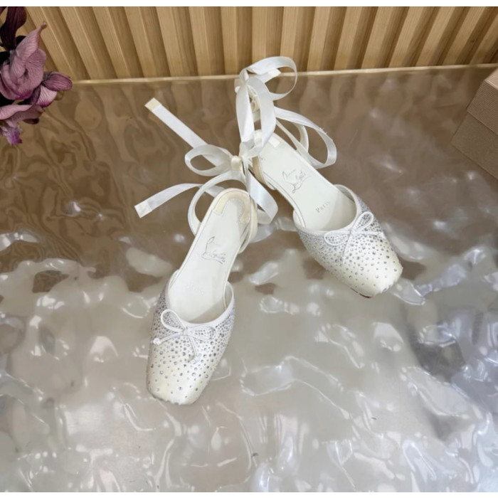 Christian Louboutin White Satin Crystal‑Embellished Ankle‑Tie Slingback Ballet Flats