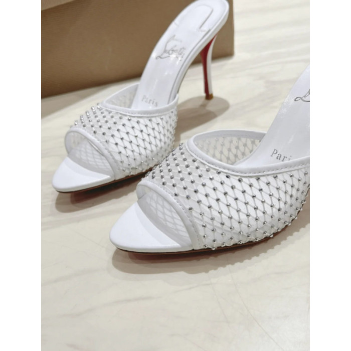 Christian Louboutin White Mesh 85mm Crystal‑Embellished Peep‑Toe Slide Stiletto Heel Mules