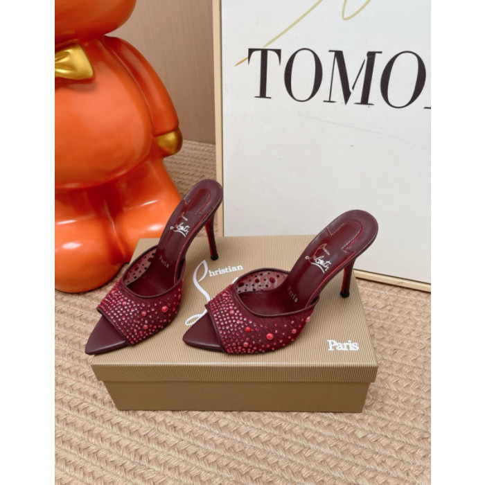 Christian Louboutin Burgundy Mesh Crystal‑Embellished 100mm Peep‑Toe Stiletto Heel Mules