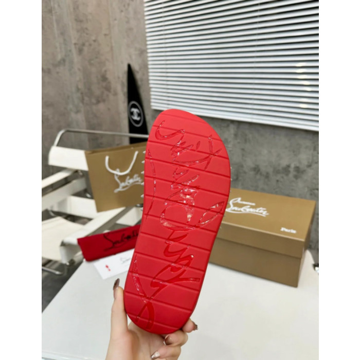 Christian Louboutin Beige Stud‑Embellished CL Logo Slide Sandals