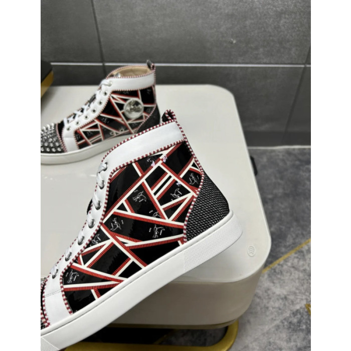 Christian Louboutin Black Patent Geometric‑Print Spiked High‑Top Sneakers