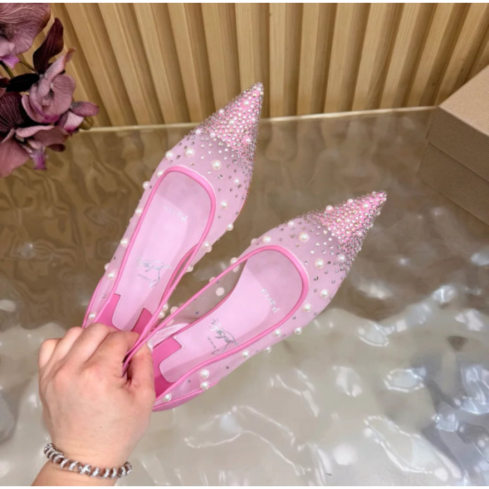 Christian Louboutin Pink Mesh Pearl Crystal‑Embellished Pointed‑Toe Flat Pumps