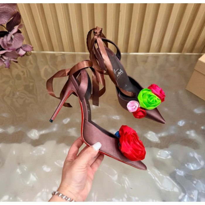 Christian Louboutin Burgundy Satin Multicolor Fabric Flower 100mm Stiletto Heel Slingback Pumps