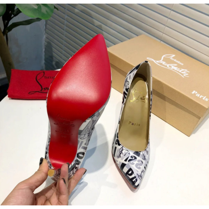 Christian Louboutin Monochrome Letter‑Print Pointed Toe 100mm Stiletto heel Pumps