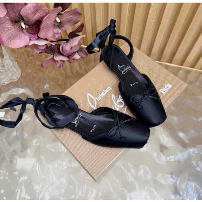 Christian Louboutin Black Satin Bow Ankle‑Tie Slingback Ballet Flats