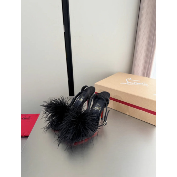 Christian Louboutin Black Feather 100mm Slingback Stiletto Sandals