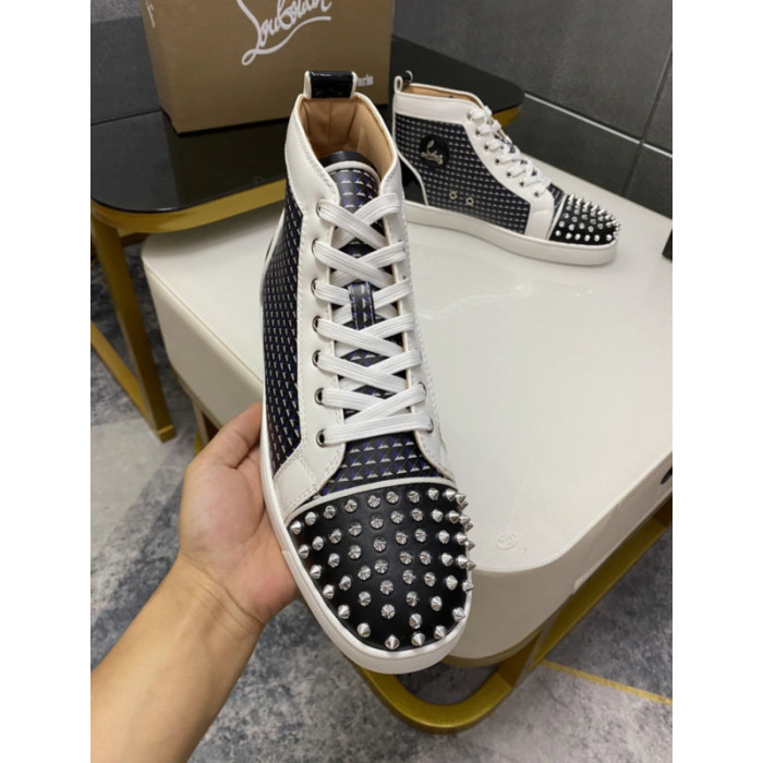 Christian Louboutin White Leather Geometric‑Print Silver‑Spiked High‑Top Sneakers