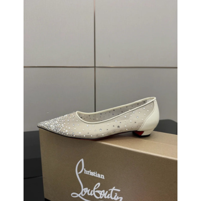 Christian Louboutin Beige Mesh Crystal Pearl Pointed‑Toe Flat Pumps
