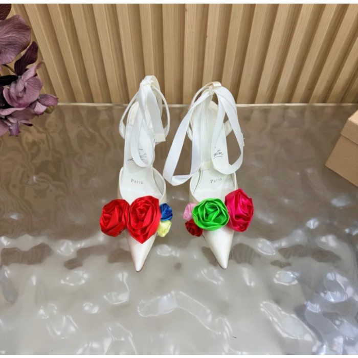 Christian Louboutin Ivory Satin Multicolor Rose Flower 100mm Stiletto Heel Slingback Pumps