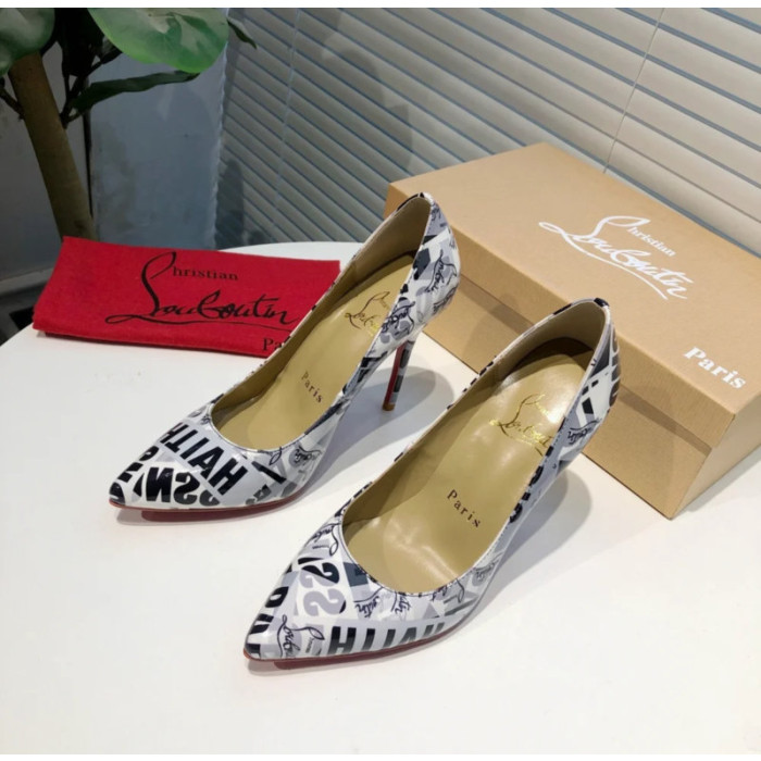 Christian Louboutin Monochrome Letter‑Print Pointed Toe 100mm Stiletto heel Pumps