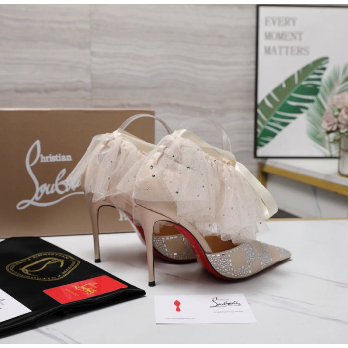 Christian Louboutin Ivory Satin Checkerboard Crystal Tulle Ruffle 100mm Stiletto Heel Pumps