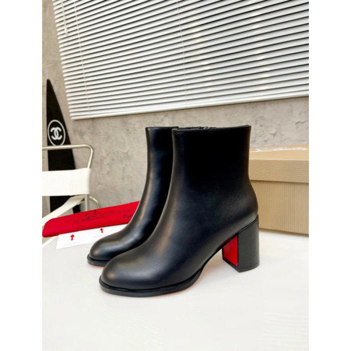 Christian Louboutin Black Smooth Leather Side‑Zip Block Heel Ankle Boots 70mm heel