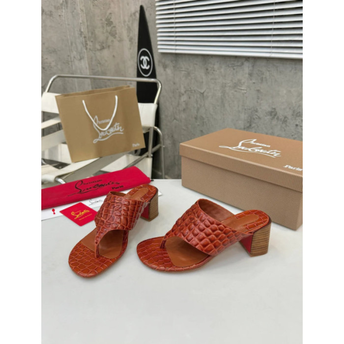 Christian Louboutin Terracotta Croc‑embossed Leather 55mm Block Heel Mule Sandal