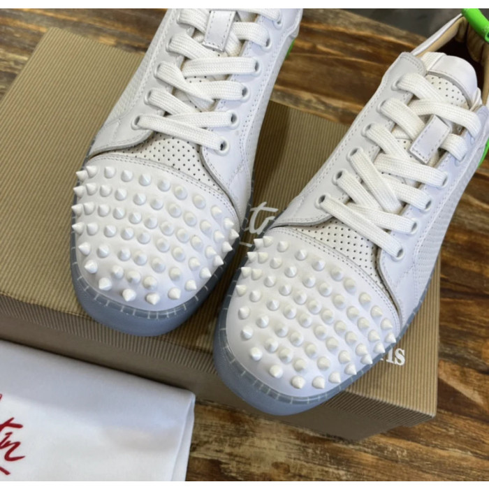Christian Louboutin White Perforated Leather Green‑Accent White‑Spiked Low‑Top Sneakers