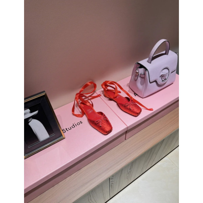 Christian Louboutin Red Satin Crystal Tie‑Ankle Ballet Flats
