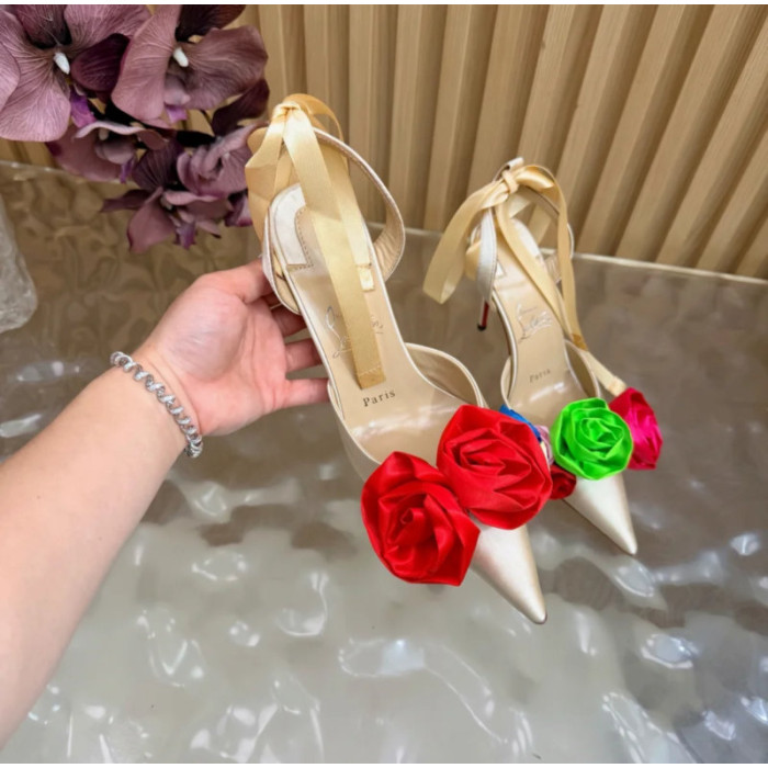 Christian Louboutin Ivory Satin Multicolor Fabric Flower 100mm Stiletto Heel Slingback Pumps