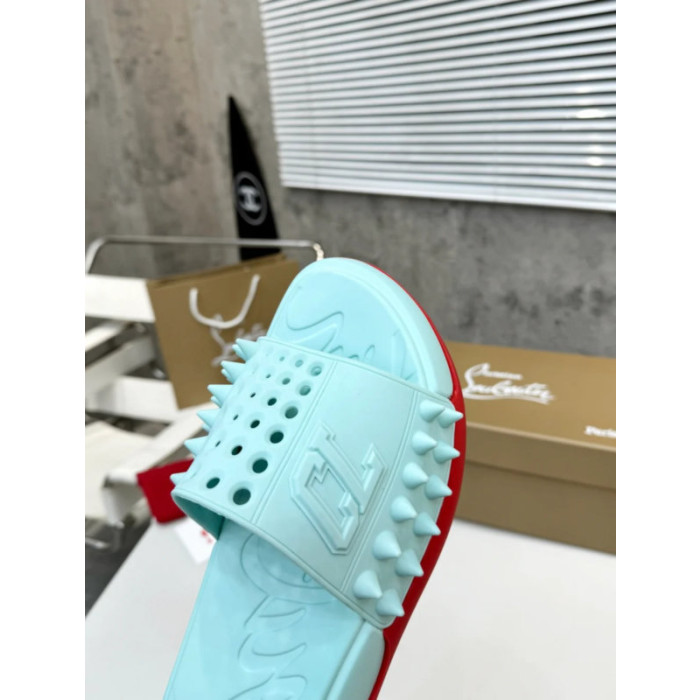 Christian Louboutin Mint Green Stud‑Embellished CL Logo Slide Sandals