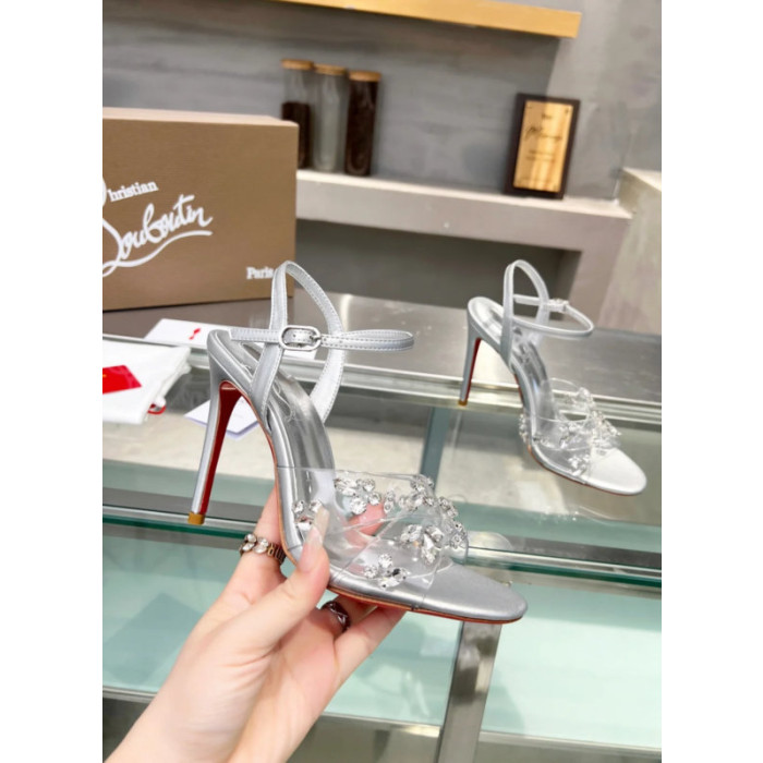 Christian Louboutin Silver Metallic Crystal‑Adorned 100mm Stiletto heel Sandals