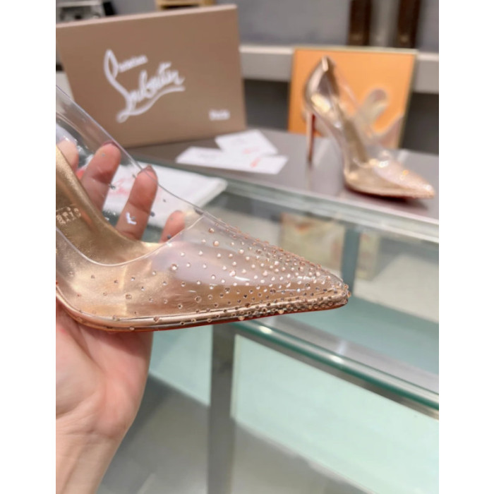 Christian Louboutin White Leather Trim PVC Crystal‑Studded 100mm Stiletto heel Pumps