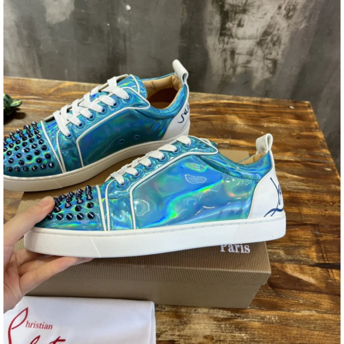 Christian Louboutin Holographic Blue Black‑Spiked Low‑Top Sneakers