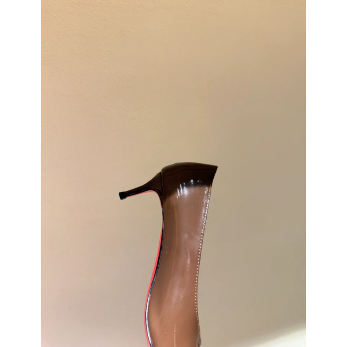 Christian Louboutin Brown Patent Metal‑Tip Pointed Toe Kitten Heel Pumps
