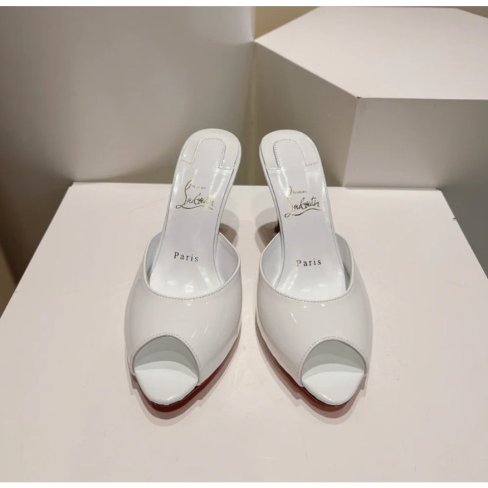 Christian Louboutin White Patent Peep‑Toe Stiletto Heel Mules