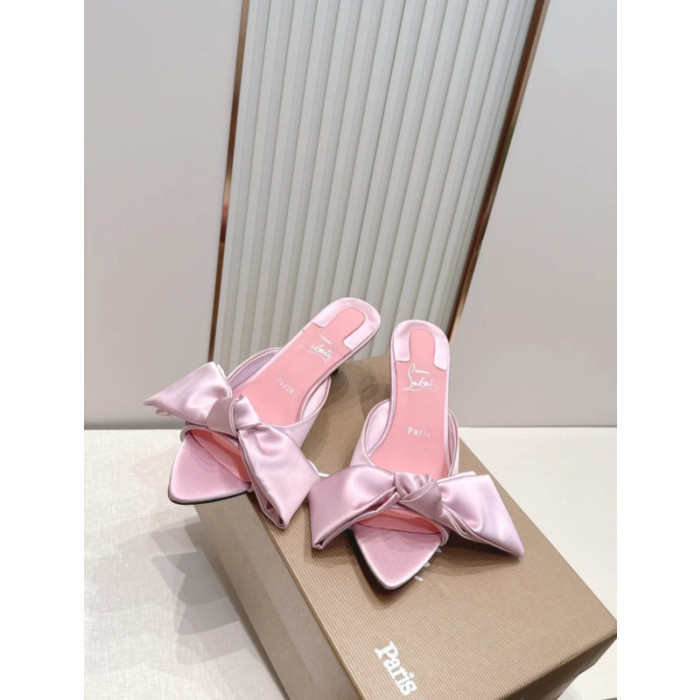 Christian Louboutin Pink Satin Bow 55mm Pointed‑Toe Mule Heels
