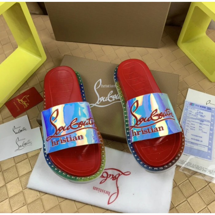 Christian Louboutin Holographic Strap Red Footbed Slide Sandals