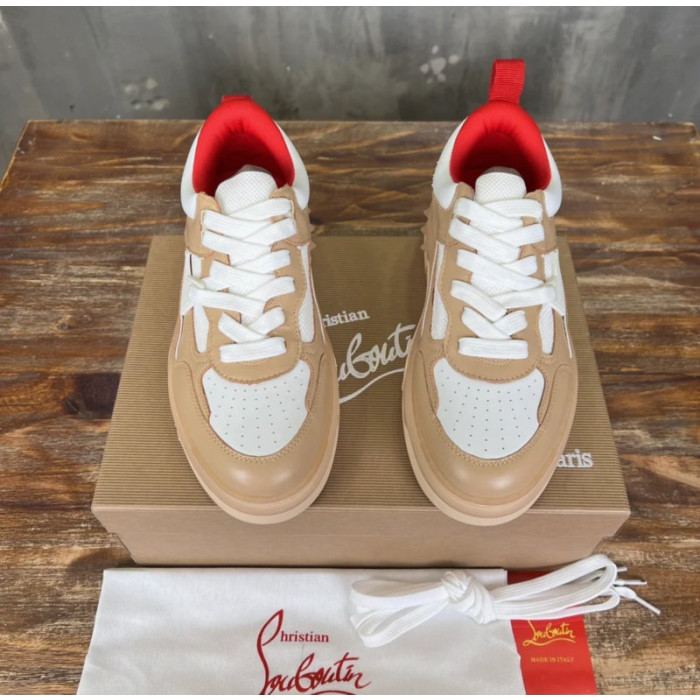 Christian Louboutin Beige White Mixed‑Media Spiked Low‑Top Sneakers