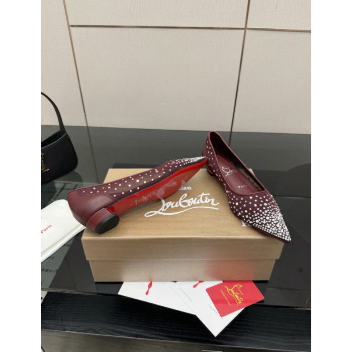 Christian Louboutin Burgundy Mesh Crystal‑Embellished Pointed‑Toe Flat Pumps
