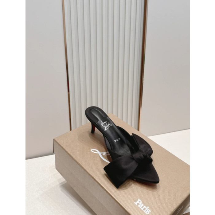 Christian Louboutin Black Satin Bow 55mm Pointed‑Toe Mule Heels