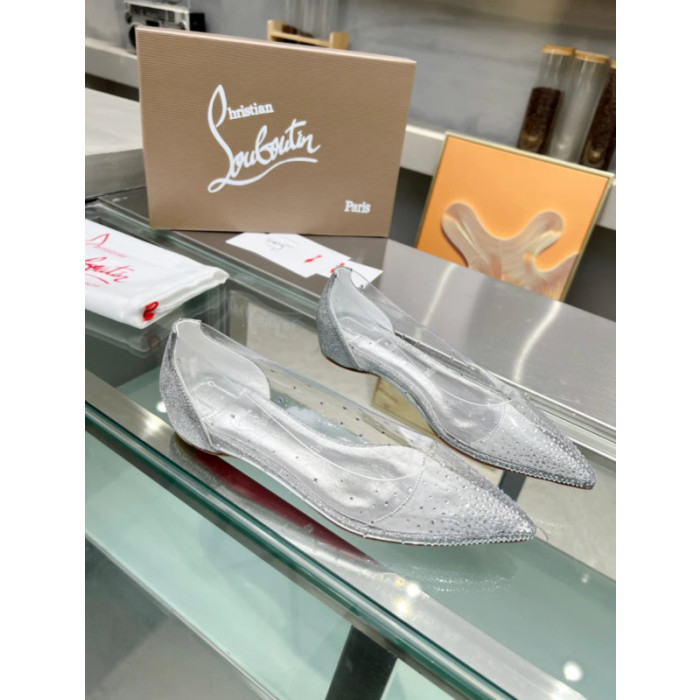 Christian Louboutin Clear PVC Crystal Embellished Pointed‑Toe Flat Pumps