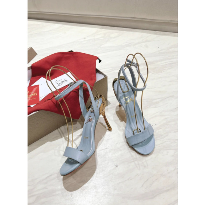 Christian Louboutin Light Blue Leather 100mm Gold‑Sculpted Heel Ankle‑Strap Sandals