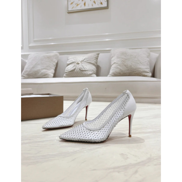 Christian Louboutin White Mesh 80mm Apostropha Crystal‑Embellished Pointed Toe Heel Pumps