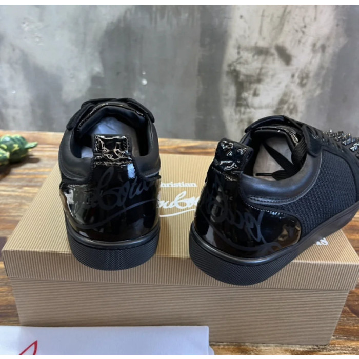 Christian Louboutin Black Mesh Suede Patent Black‑Spiked Low‑Top Sneakers