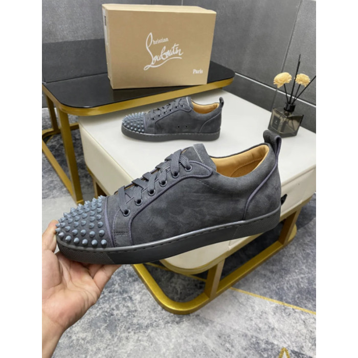 Christian Louboutin Dark Grey Suede Spiked Low‑Top Sneakers