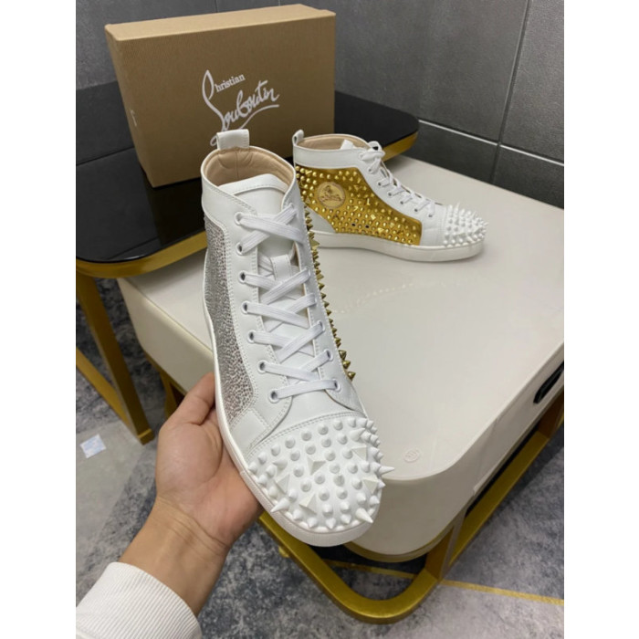 Christian Louboutin White Strass Rhinestone Spiked High‑Top Sneakers