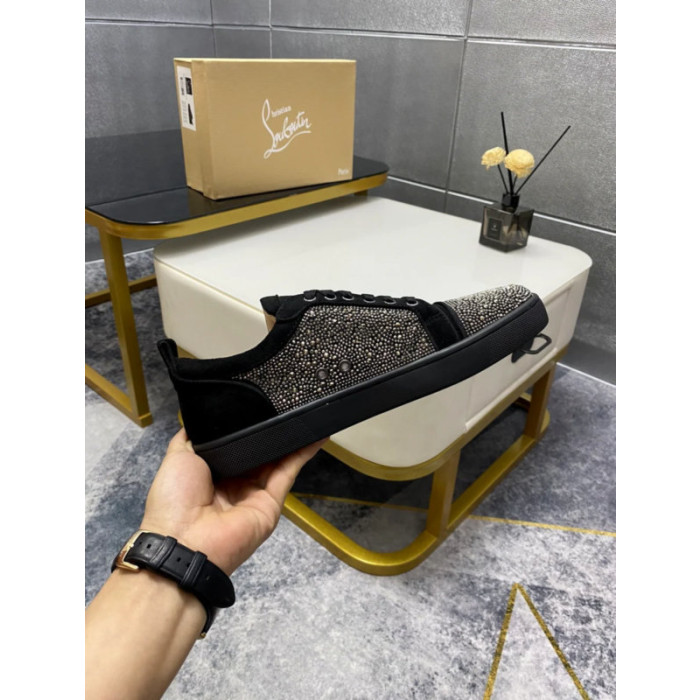 Christian Louboutin Black Suede Gunmetal Crystal‑Encrusted Low‑Top Sneakers