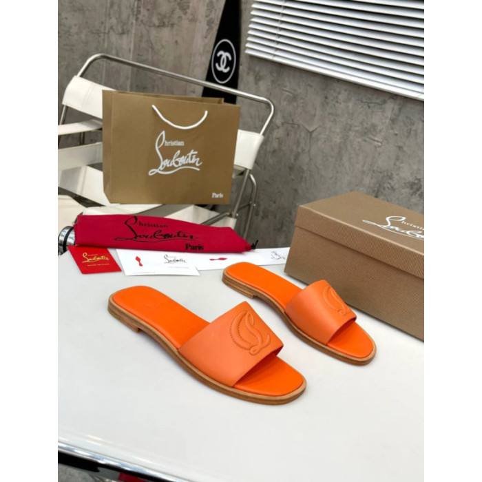 Christian Louboutin Vibrant Orange Leather Stitched Logo Wood‑trim Flat Slide