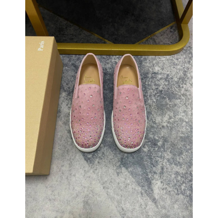 Christian Louboutin Pink Suede Crystal‑Embellished Slip‑On Sneakers