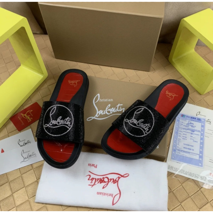 Christian Louboutin Black Crystal Slide Sandals Silver Rhinestone Circular Logo