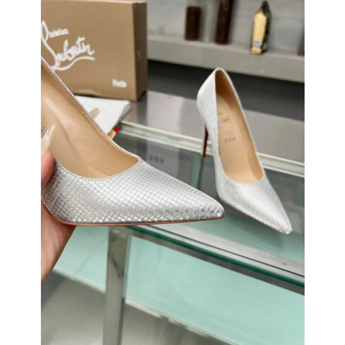 Christian Louboutin Silver Textured Leather Pointed‑Toe 120mm High Heel Pumps