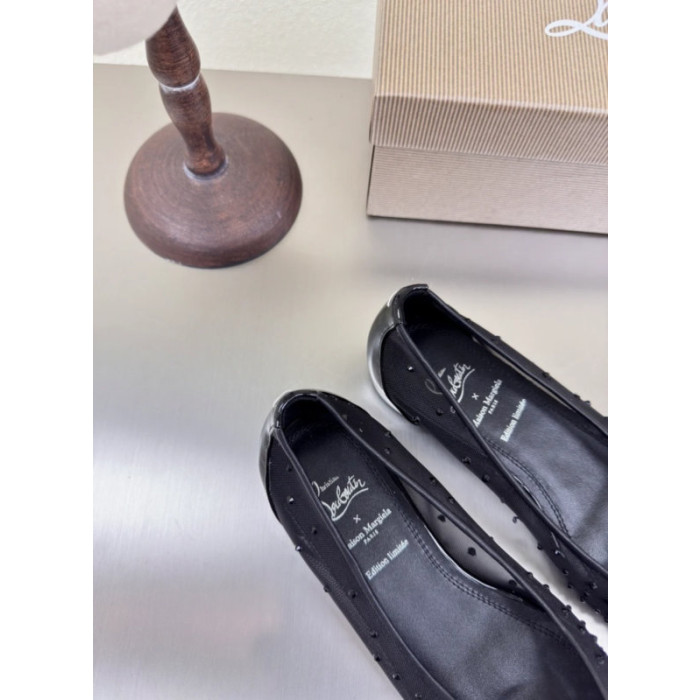 Christian Louboutin × Maison Margiela Black Mesh Crystal Tabi Split‑Toe Flat Shoes