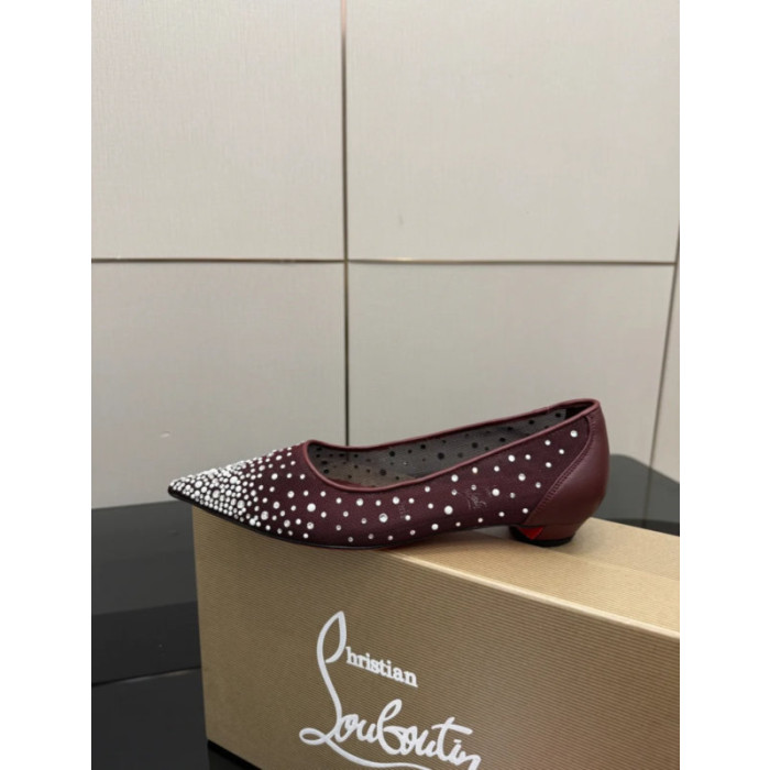 Christian Louboutin Burgundy Mesh Crystal‑Embellished Pointed‑Toe Flat Pumps