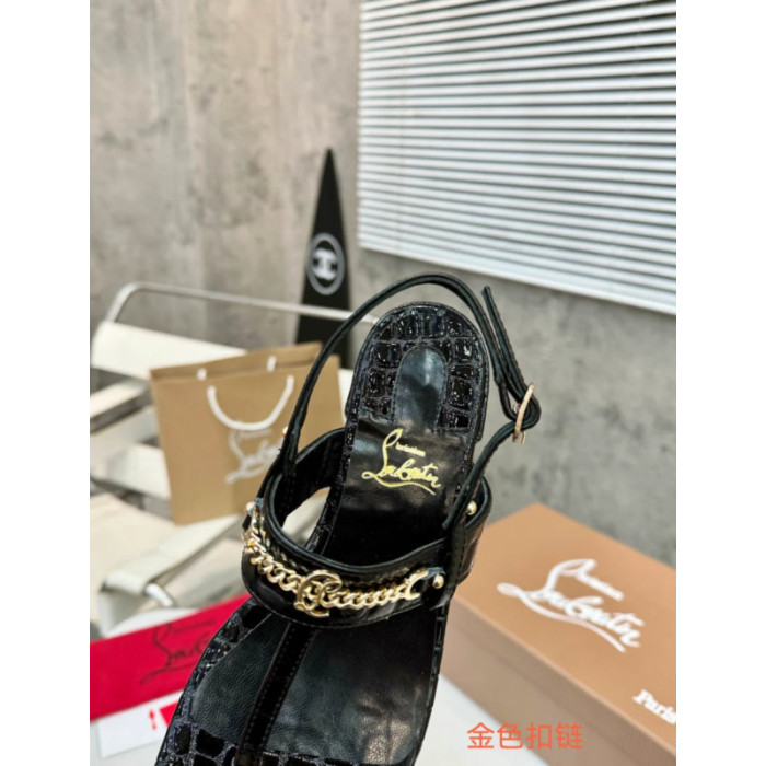 Christian Louboutin Black Croc‑embossed Leather Gold‑chain Block Heel Thong Sandal