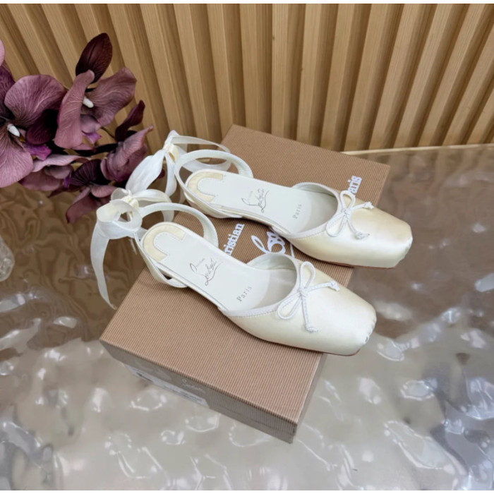 Christian Louboutin White Satin Bow Ankle‑Tie Slingback Ballet Flats