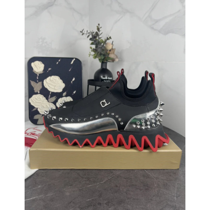 Christian Louboutin Black Silver‑Spiked Slip‑On Sneakers Red Shark‑Tooth Sole