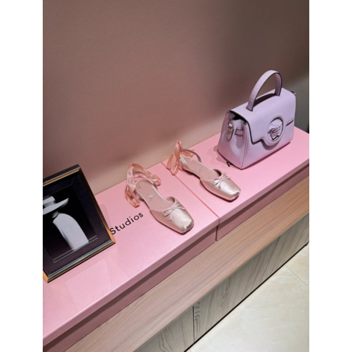 Christian Louboutin Blush Pink Satin Bow Tie‑Ankle Flat Ballet Sandals
